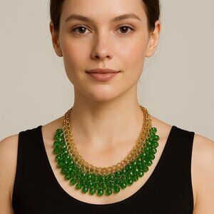 Green & Gold Beaded Multilayer Clavicle Crystal Necklace - NEW
